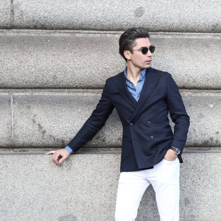 Veste croisée sur mesure Swann Paris en flanelle bleu marine, non doublée
