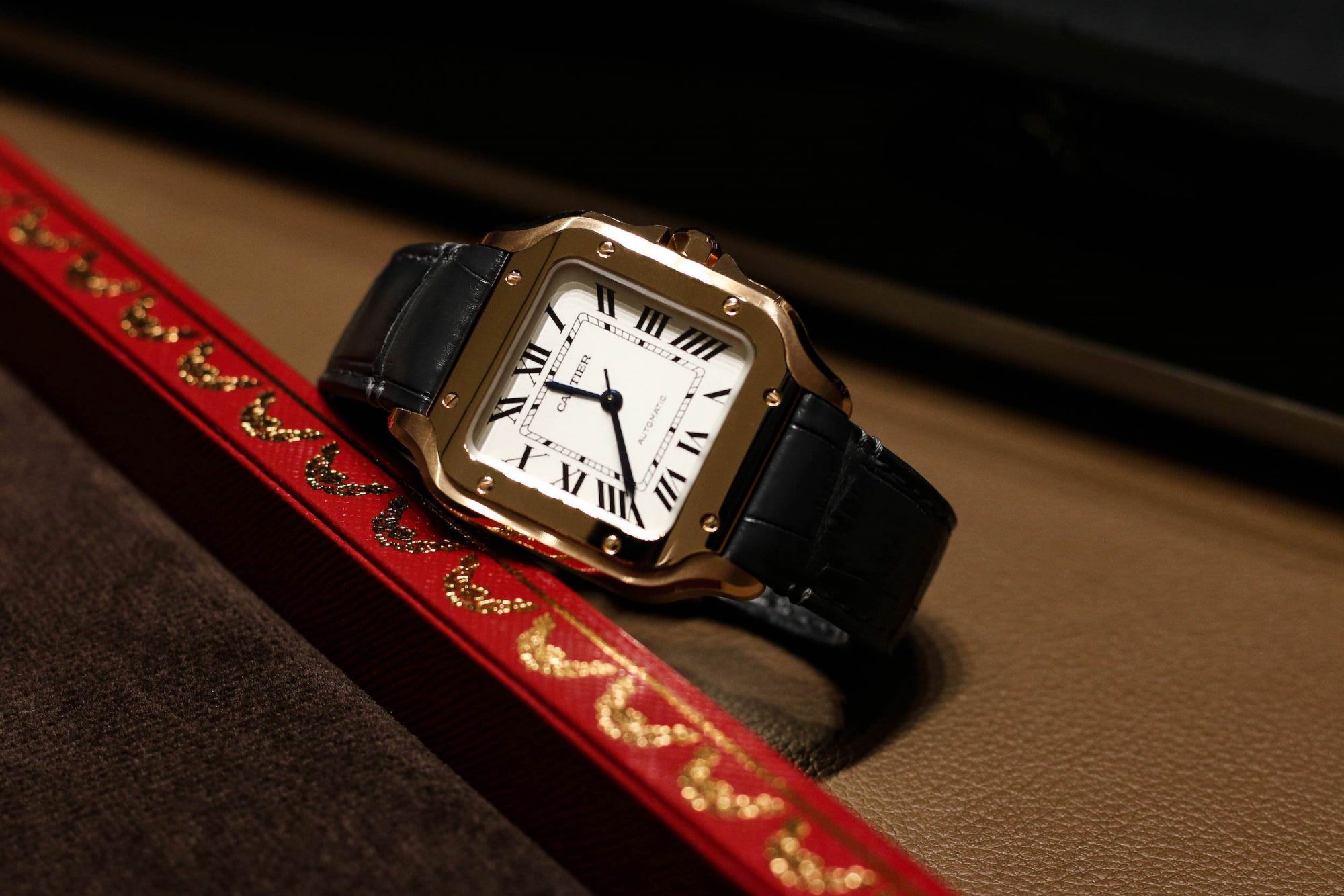 Cartier Santos or bracelet cuir bleu marine
