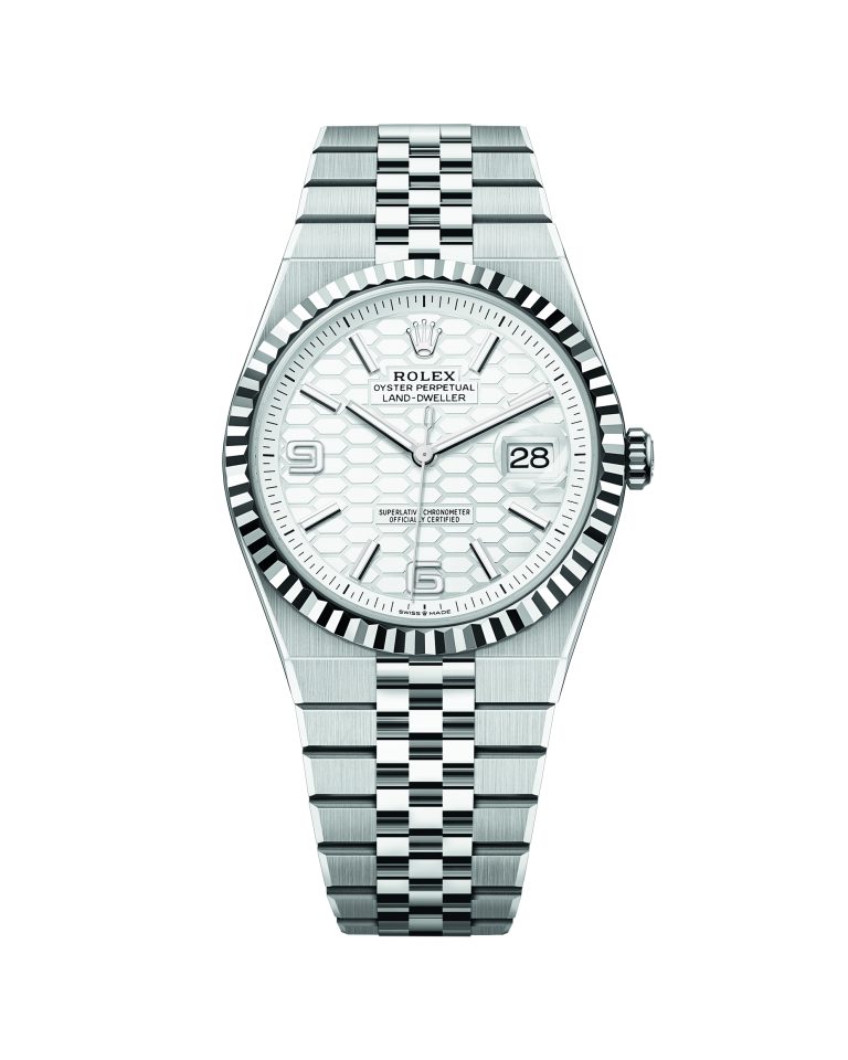 Montre Rolex Land-Dweller 40 en Rolesor gris à cadran blanc nid d’abeille et bracelet Flat Jubilee