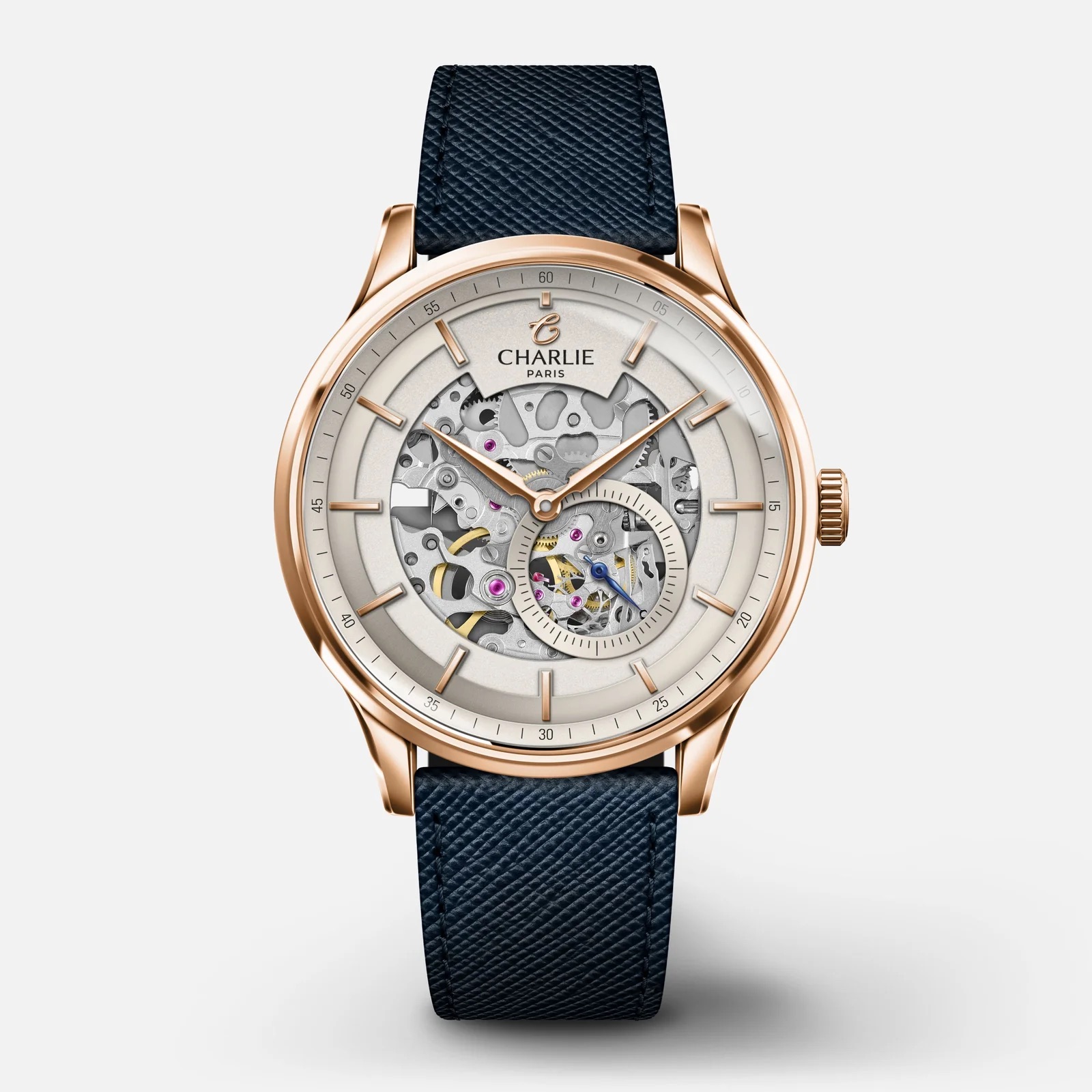Montre Charlie à balancier visible côté cadran, style open heart