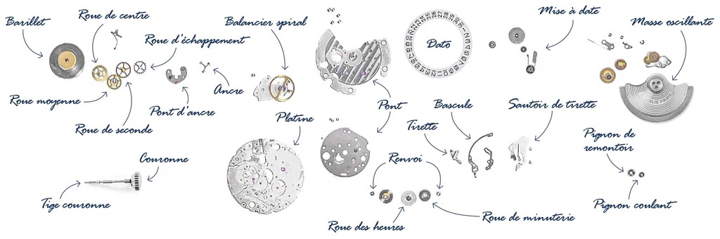 Schéma du fonctionnement d'un mouvement de montre automatique