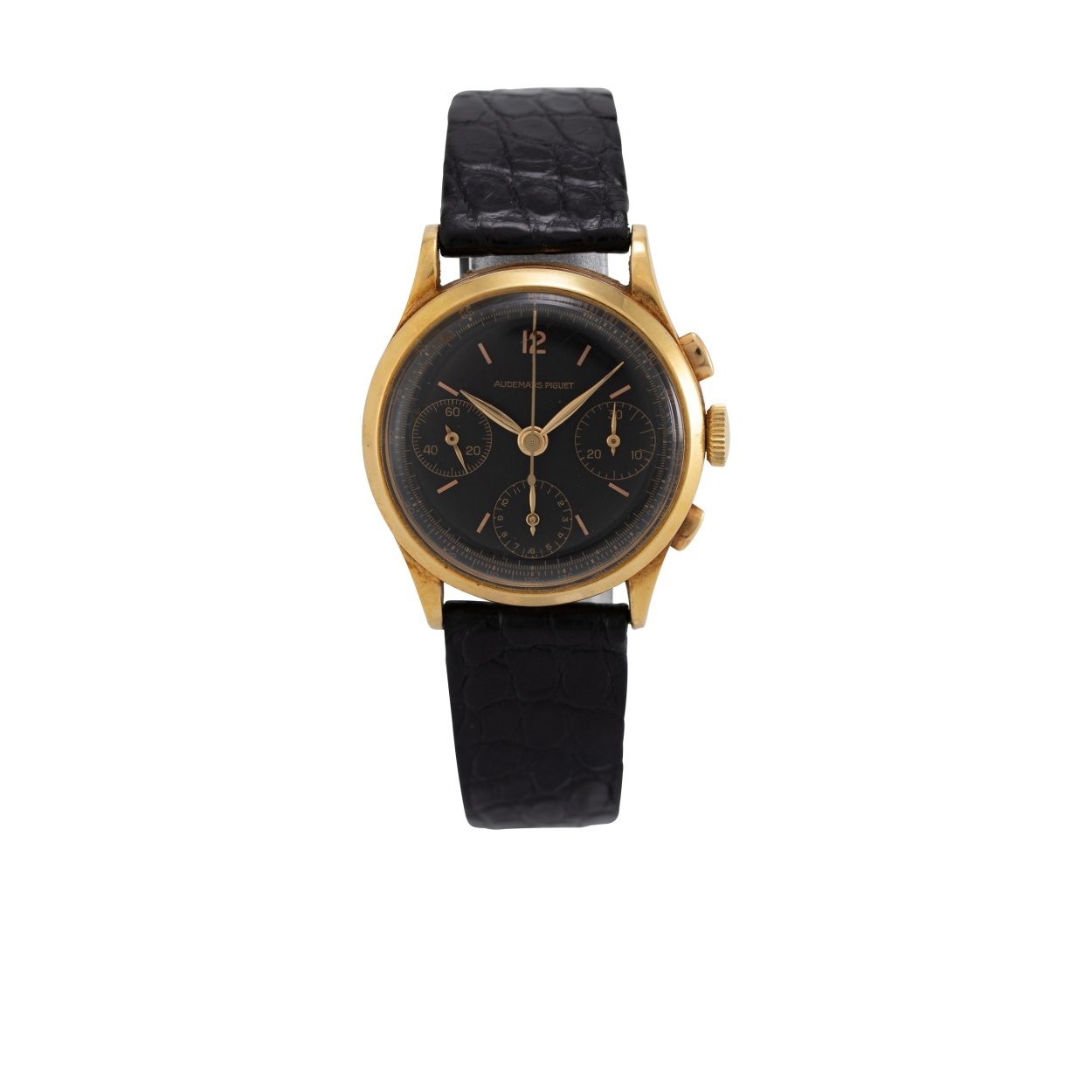 Chronographe Audemars Piguet des années 1940 en or 18 carats, cadran noir de service signé Stern Frères, poussoirs olive