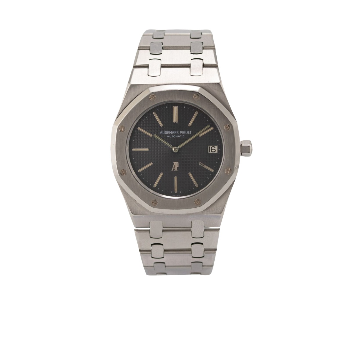Audemars Piguet Royal Oak Jumbo 5402ST Série A en acier, cadran noir Petite Tapisserie, logo AP au-dessus de 6 h