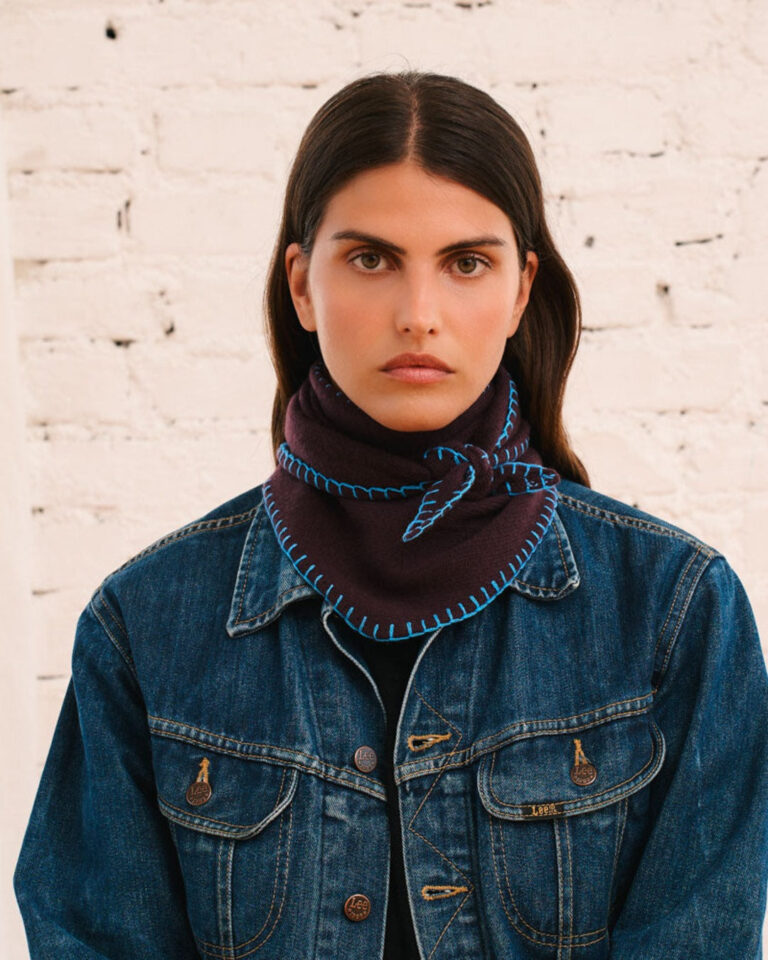 Bandana Merci en cachemire Martine bicolore aubergine et bleu