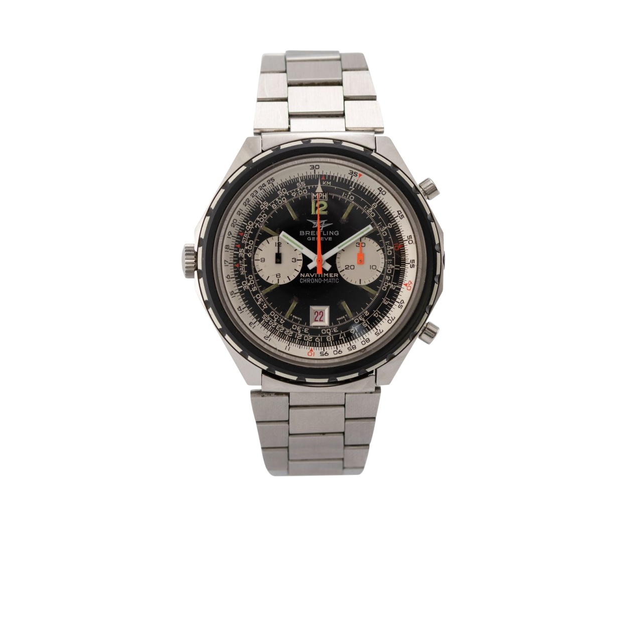 Breitling Navitimer Chrono-Matic réf. 1806 « Fried Egg » vers 1974, grand boîtier acier et cadran noir à règle à calcul