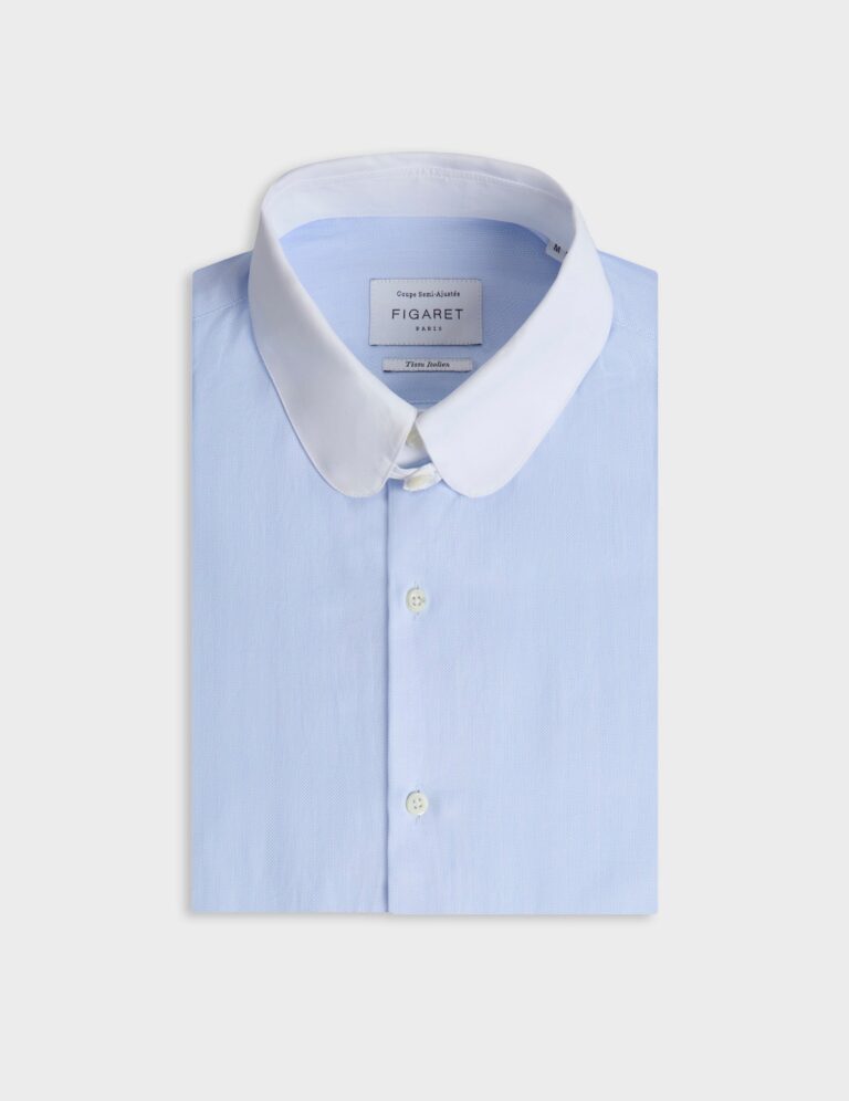Chemise Figaret semi-ajustée bleu clair en chevron, col anglais et poignets blancs