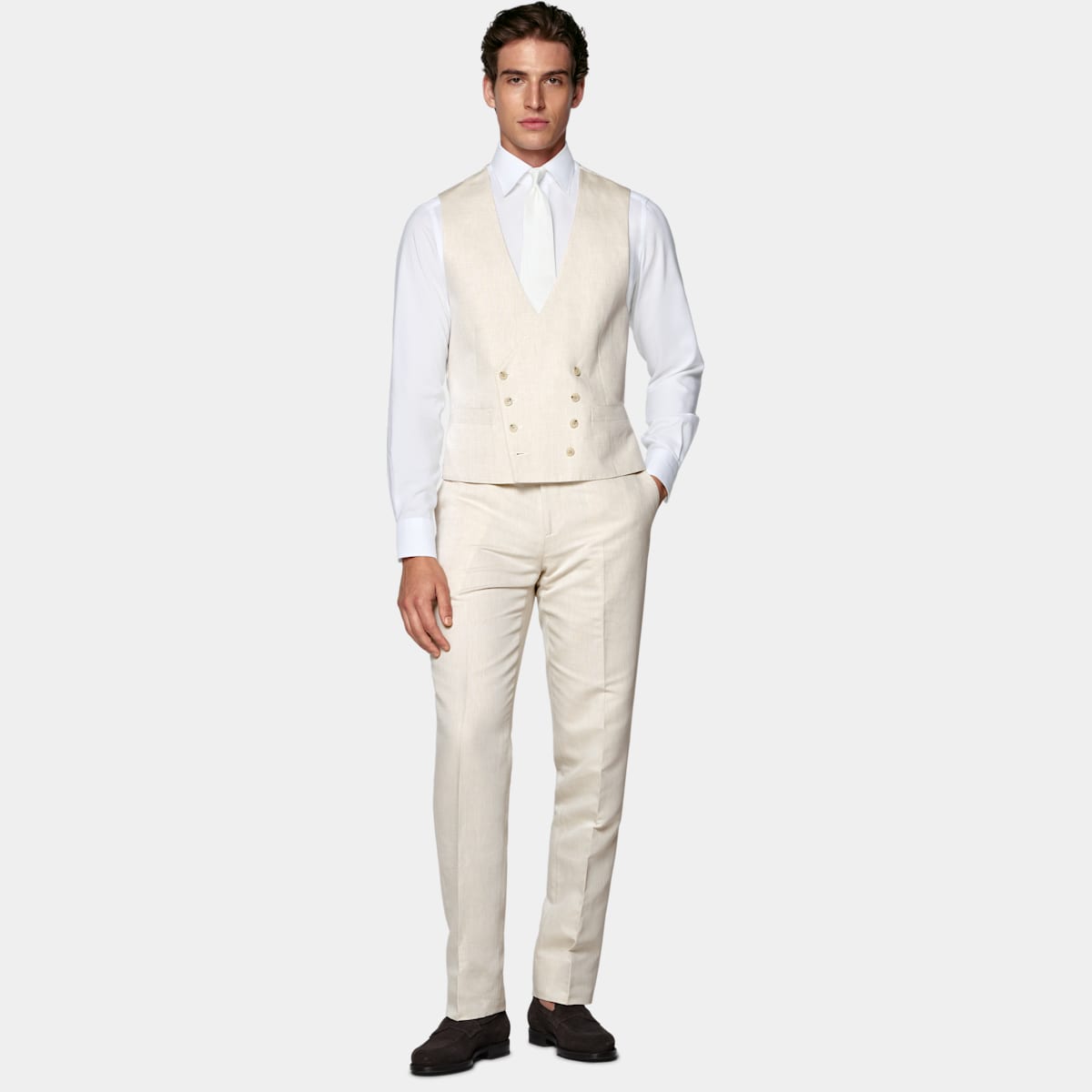 Gilet de costume croisé Suitsupply couleur sable en lin et coton
