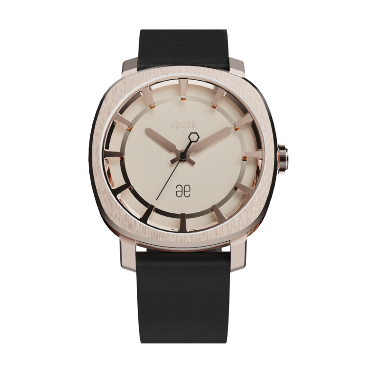 Montre Apose n°3-100 en acier revêtu d’or rose, cadran champagne et bracelet cuir noir, 40 mm