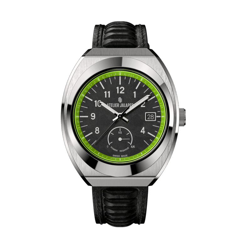 Montre Atelier Jalaper AJ-P400-V de la collection Miura, boîtier acier 39,5 mm et cadran noir patiné