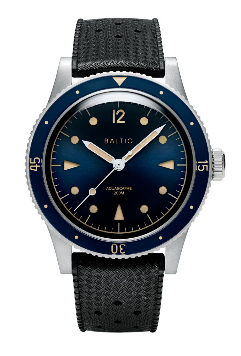 Montre de plongée Baltic Aquascaphe Classic Bleu Gilt sur bracelet caoutchouc noir, 39 mm