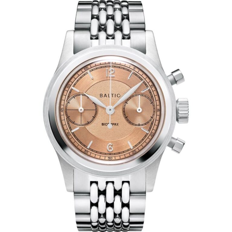 Chronographe Baltic Bicompax 003 à cadran saumon et bracelet acier, 36,5 mm