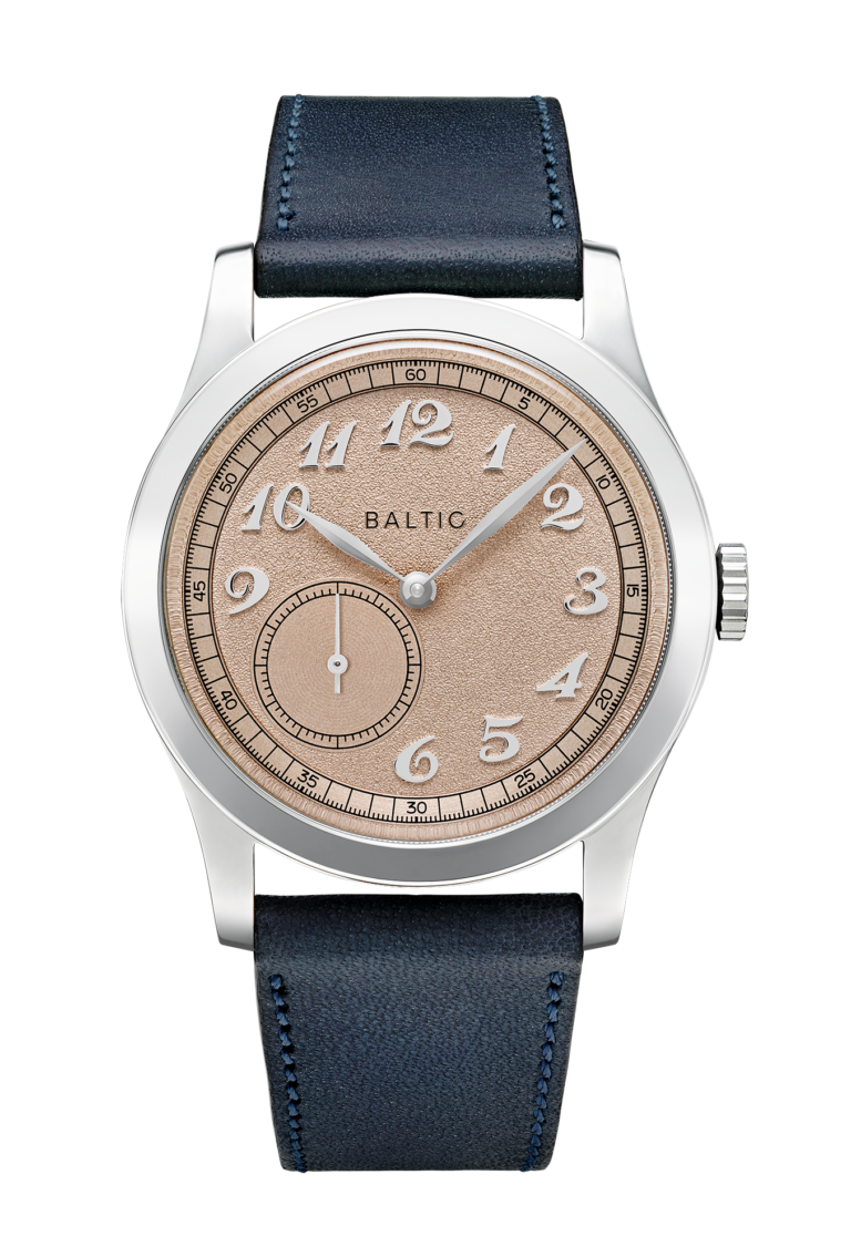 Montre Baltic MR Classic micro-rotor à cadran saumon et bracelet cuir bleu marine, 36 mm