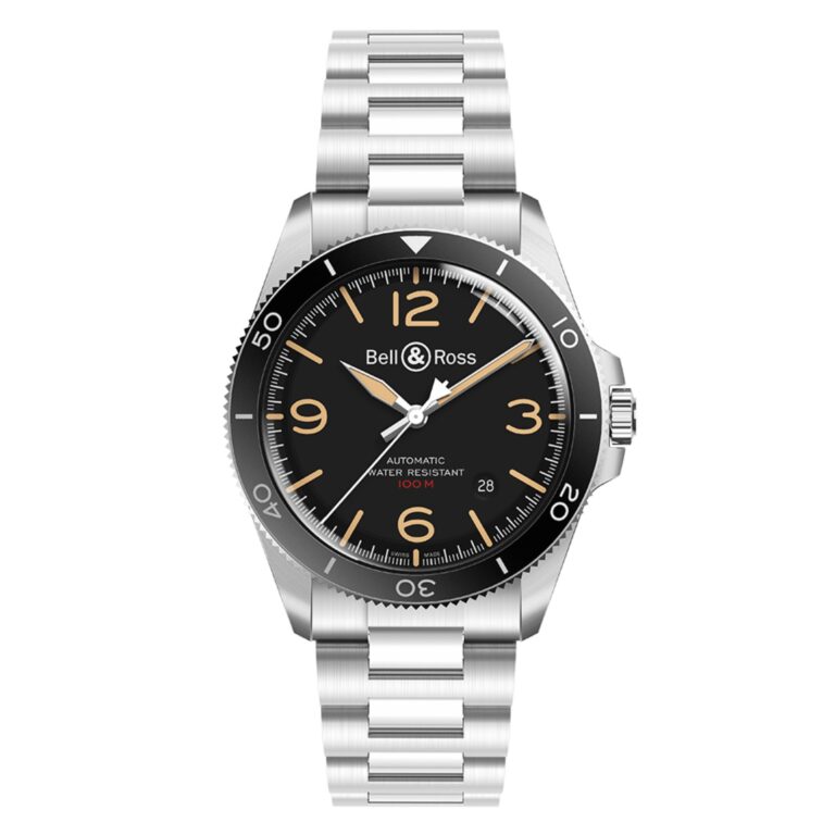 Montre Bell & Ross BR V2-92 Steel Heritage automatique à cadran noir et bracelet acier, 41 mm