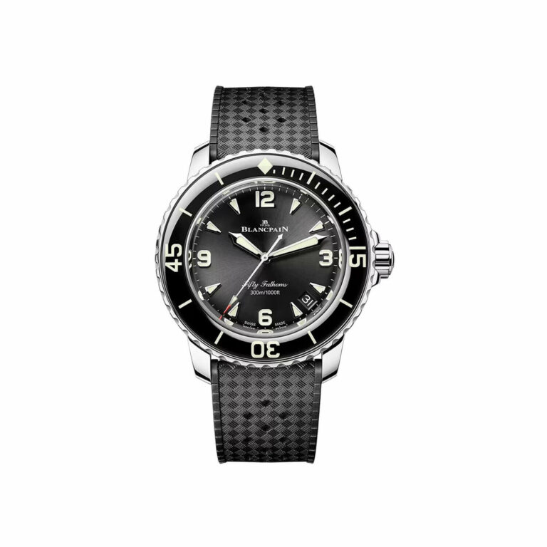 Montre Blancpain Fifty Fathoms Automatique en acier à cadran noir et lunette céramique, bracelet caoutchouc, 42,3 mm