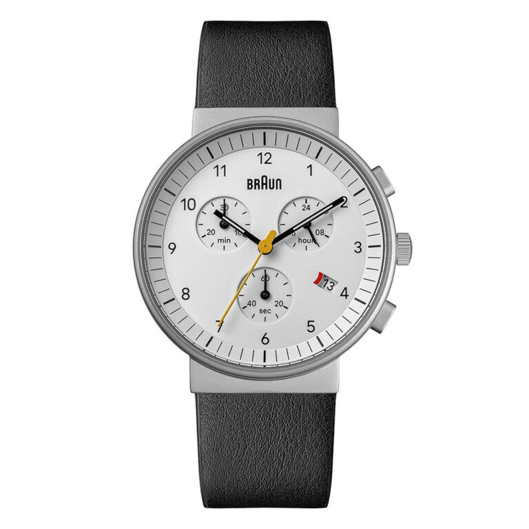 Montre Braun BN0035 chronographe à cadran blanc et bracelet cuir noir, 40 mm