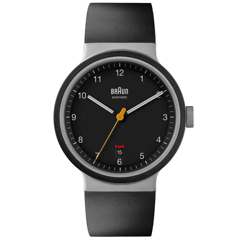Montre Braun BN0278 automatique, cadran noir et bracelet caoutchouc noir, 40 mm