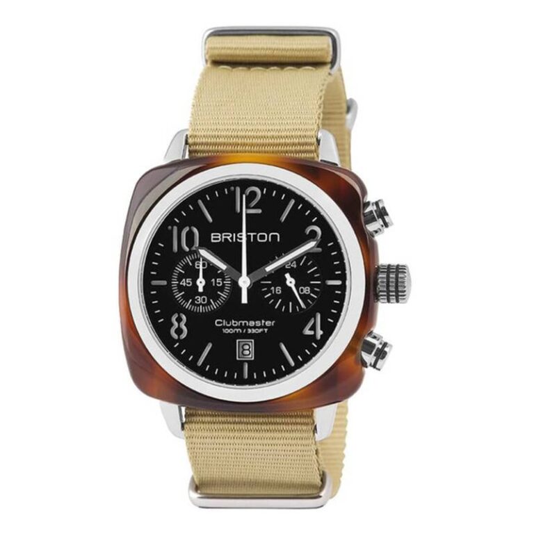 Montre Briston Clubmaster Chrono Date en acétate écaille de tortue, cadran noir, bracelet NATO