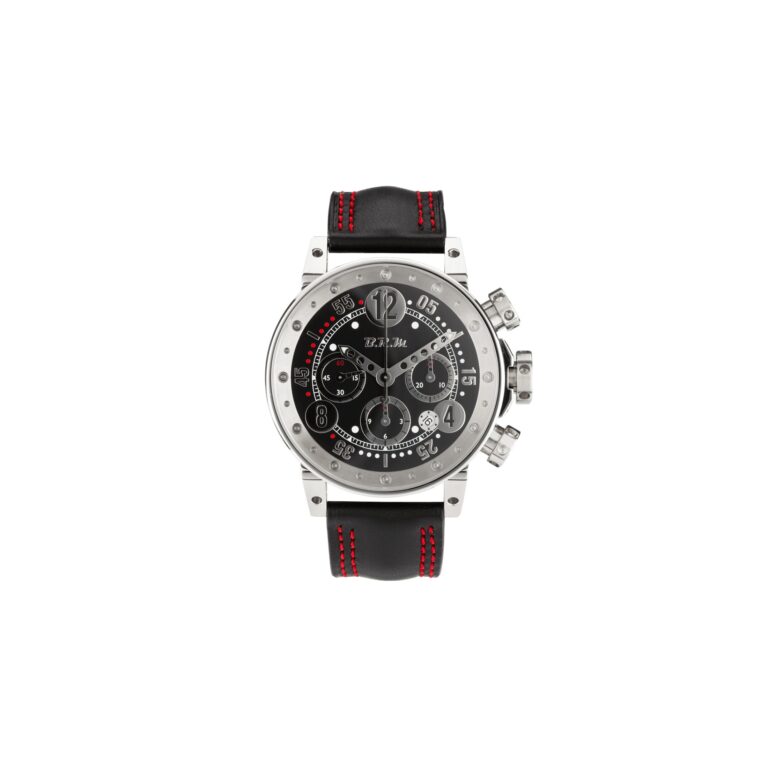 Montre BRM V12-44 chronographe automatique en acier, cadran noir, bracelet cuir noir