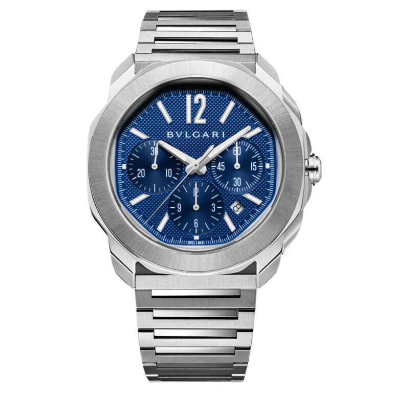 Montre Bulgari Octo Roma chronographe automatique à cadran bleu et bracelet acier, 42 mm