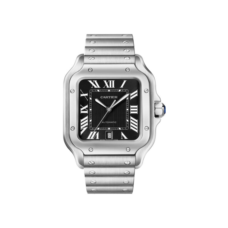 Montre Cartier Santos de Cartier grand modèle automatique en acier à cadran noir, bracelet acier