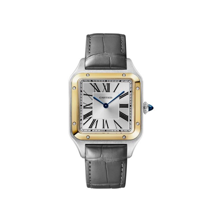 Montre Cartier Santos-Dumont grand modèle à quartz, boîtier acier et lunette en or jaune, cadran argenté, bracelet alligator gris