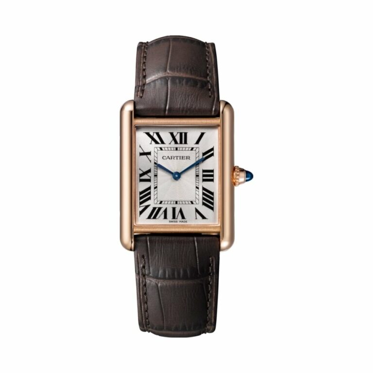 Montre Cartier Tank Louis Cartier grand modèle en or rose à remontage manuel, cadran argenté, bracelet alligator marron