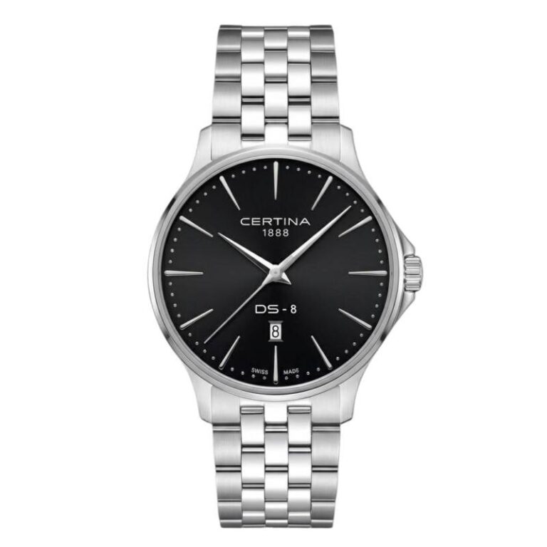 Montre Certina DS-8 Gent à quartz, cadran noir soleillé et bracelet acier, 40 mm