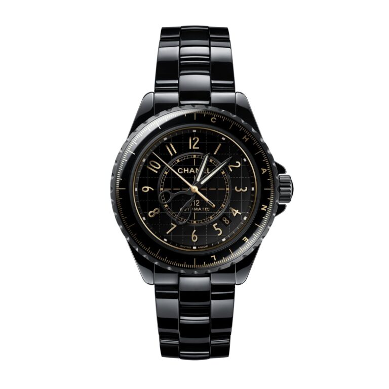 Montre Chanel J12 Couture automatique à cadran noir et doré, bracelet céramique, 38 mm