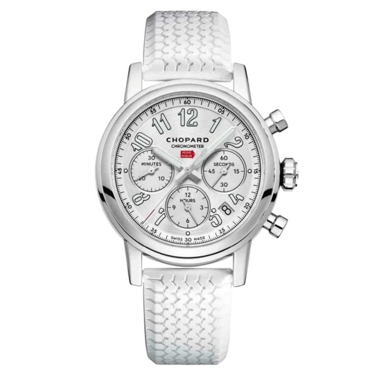 Montre Chopard Mille Miglia chronographe automatique à cadran argenté et bracelet caoutchouc blanc, 39 mm