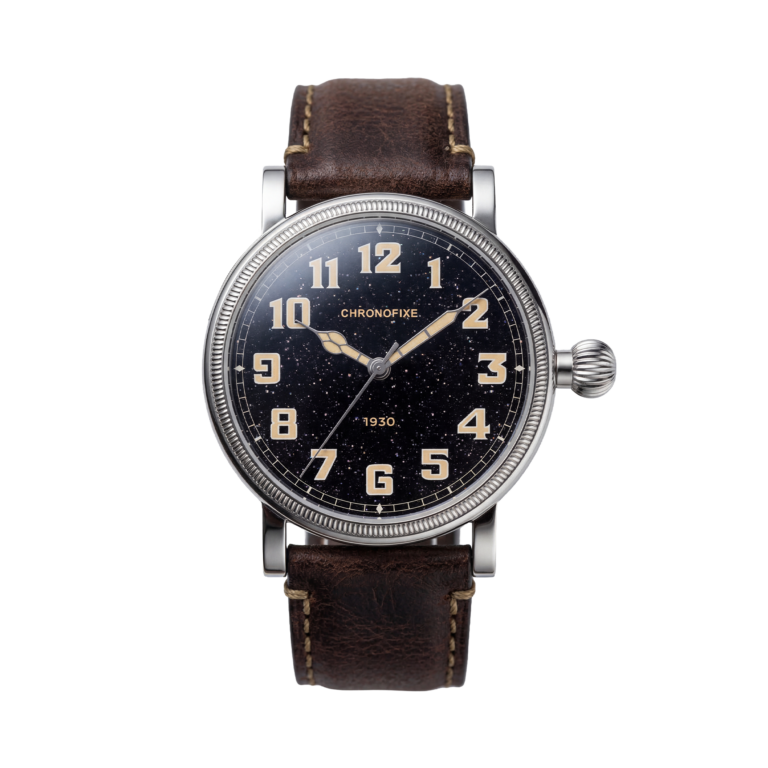 Montre Chronofixe 1930 à cadran en aventurine noire sur bracelet cuir vintage brun foncé