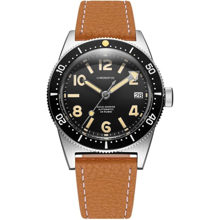 Montre de plongée Chronofixe Diver 37 mm sur bracelet cuir grainé cognac