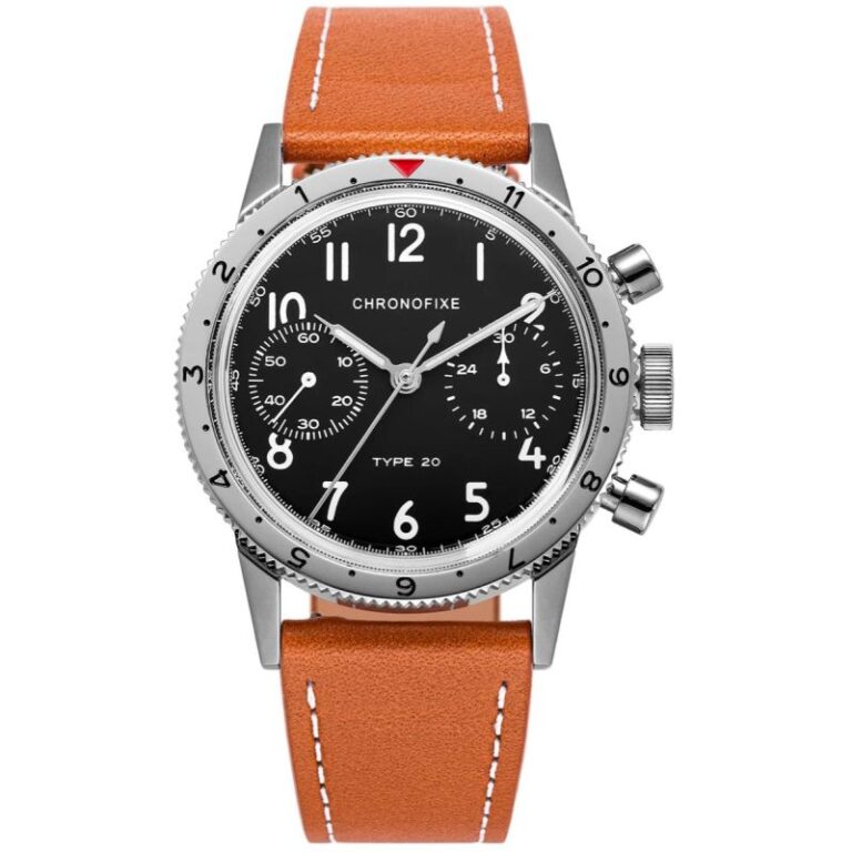 Chronographe Chronofixe Type 20 à cadran noir sur bracelet cuir cognac, 37 mm