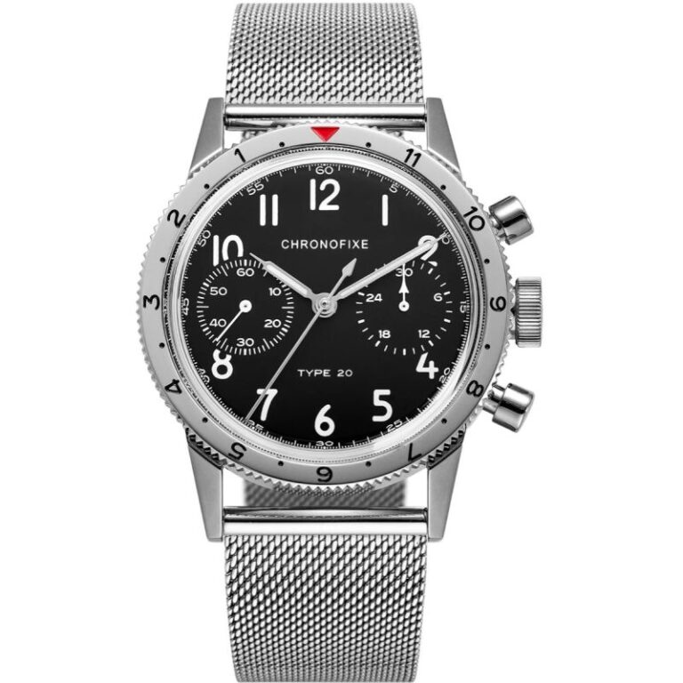 Chronographe Chronofixe Type 20 à cadran noir sur bracelet milanais en acier, 37 mm
