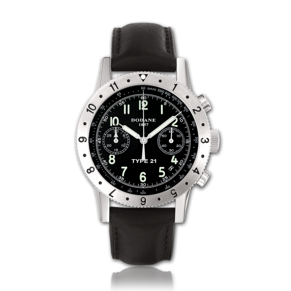 Chronographe Dodane Type 21 à deux compteurs, cadran noir et bracelet cuir noir