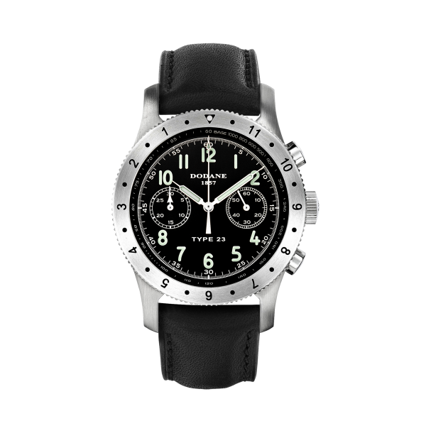 Chronographe Dodane Type 23 Flyback à cadran noir, lunette bidirectionnelle et bracelet cuir noir