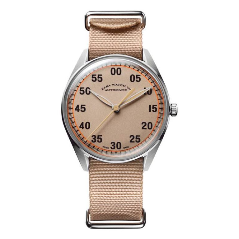 Montre Elka X02w automatique à cadran beige et chiffres arabes, bracelet nato beige, 40,8 mm