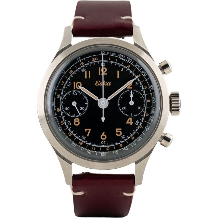 Montre chronographe Eska Heritage SK25 à cadran noir émaillé bicompax, 38 mm