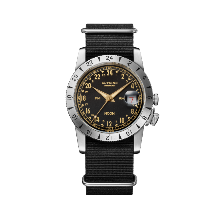 Montre Glycine Airman Vintage Noon Purist automatique à cadran noir 24 heures et bracelet nylon noir, 40 mm, vue de face