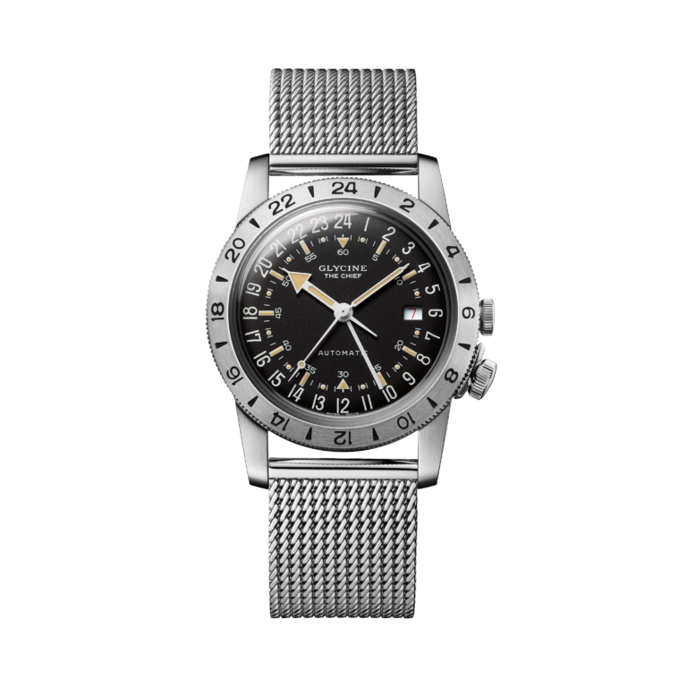 Montre Glycine Airman Vintage The Chief GMT automatique à cadran noir 24 heures et bracelet acier, 40 mm