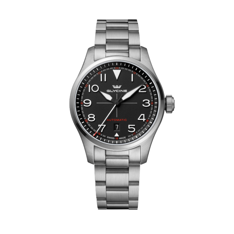 Montre d’aviateur Glycine Airpilot automatique à cadran noir et bracelet acier, 41 mm, vue de face