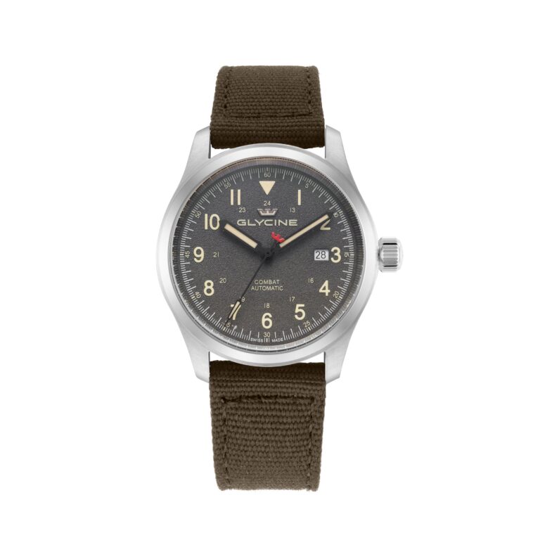Montre de terrain Glycine Combat Field 40 automatique à cadran gris et bracelet textile marron