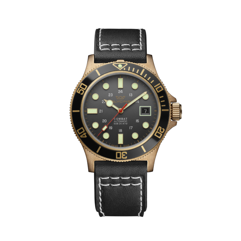Montre de plongée Glycine Combat Sub 42 bronze automatique à cadran gris et bracelet cuir noir, vue de face