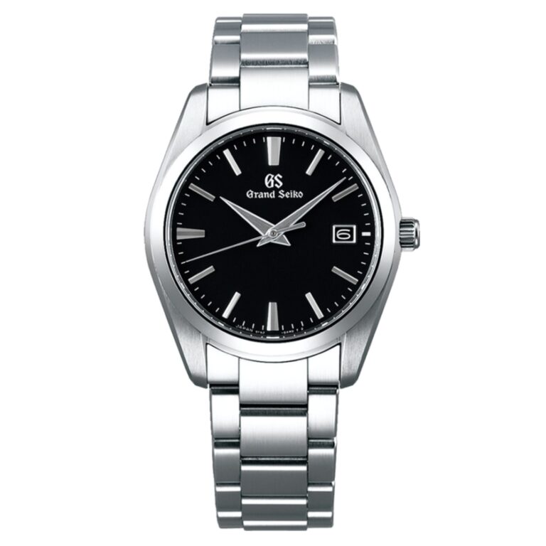 Montre Grand Seiko Heritage à quartz 9F, cadran noir et bracelet acier, 37 mm