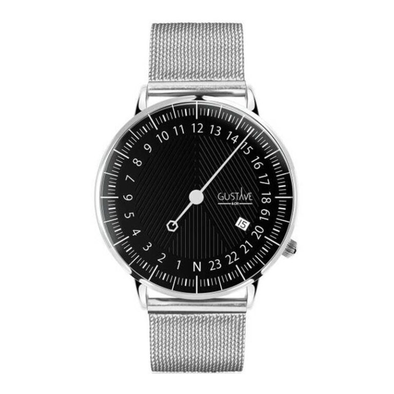 Montre Gustave & Cie 24H André mono-aiguille à cadran gris-noir strié et bracelet milanais acier, 40 mm