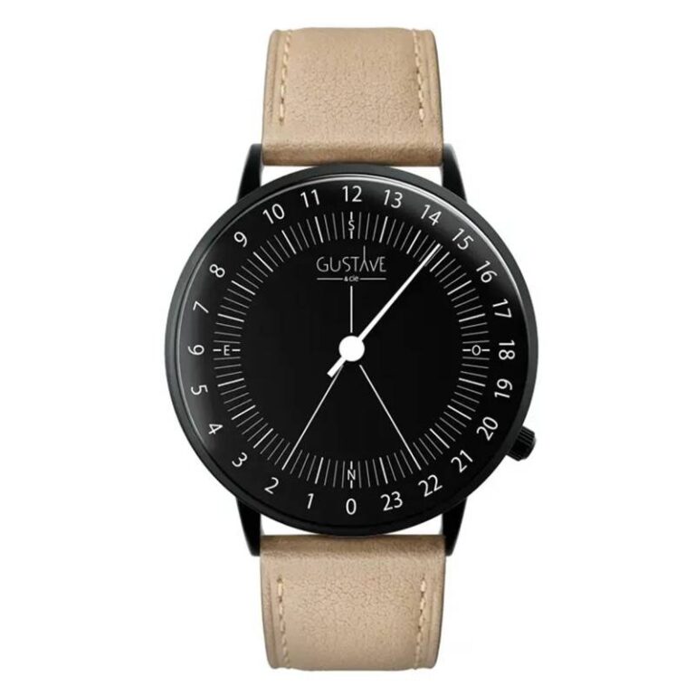 Montre Gustave & Cie 24H Antoine noire sur bracelet cuir beige, 40 mm