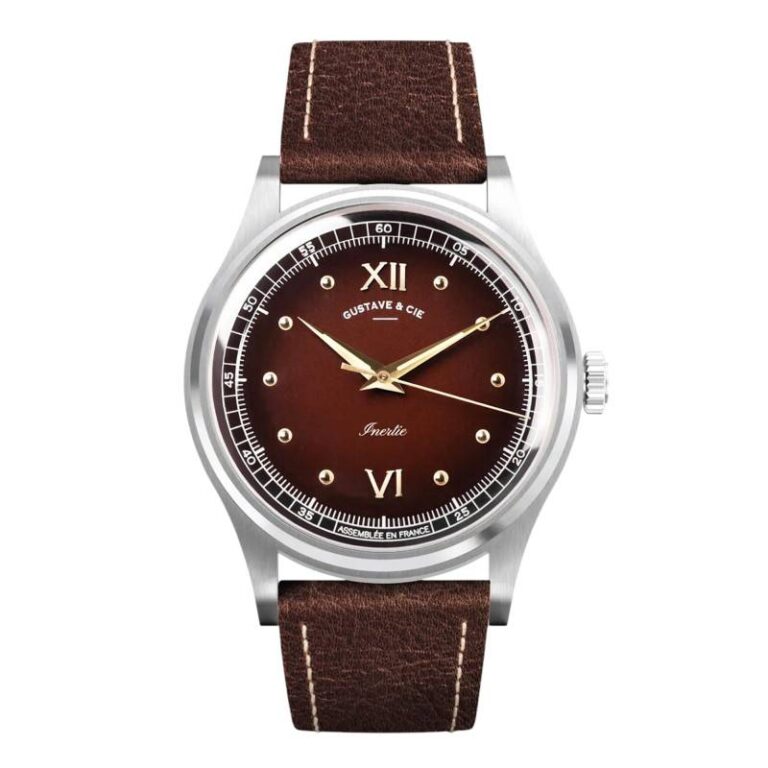 Montre Gustave & Cie Léon 12H automatique à cadran brun laqué et bracelet cuir marron, 38 mm