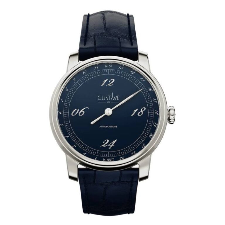 Montre Gustave & Cie Paul 24H automatique mono-aiguille à cadran en émail bleu, 39 mm