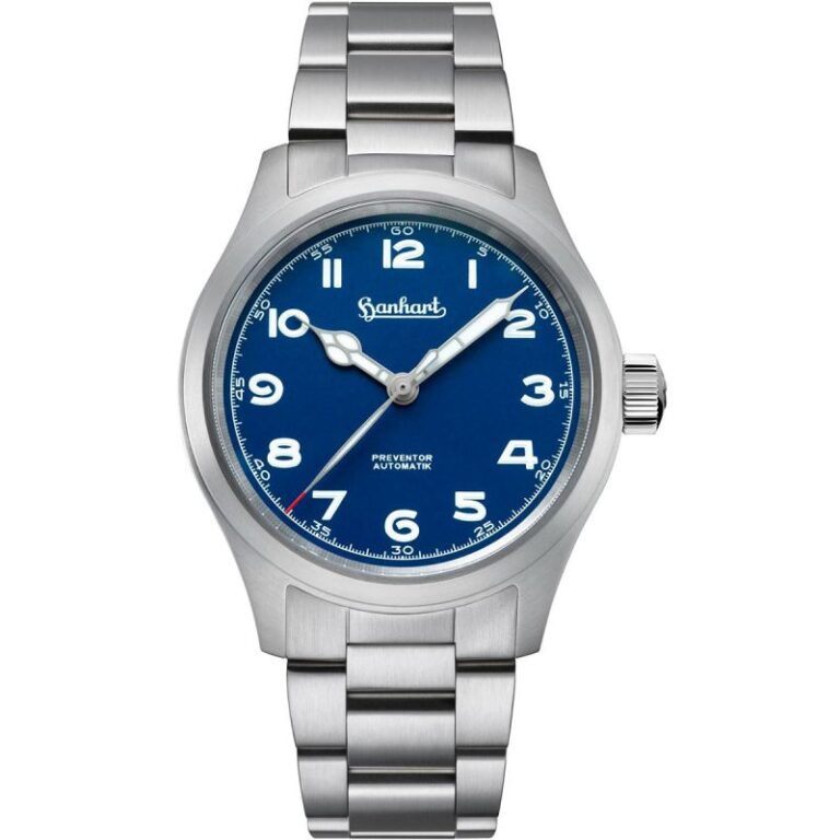Montre Hanhart Pioneer Preventor HD12 automatique à cadran bleu, boîtier en acier durci, 39 mm