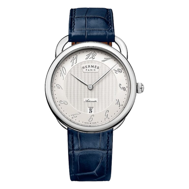 Montre Hermès Arceau Grand Modèle automatique 40 mm, cadran argenté et bracelet cuir bleu