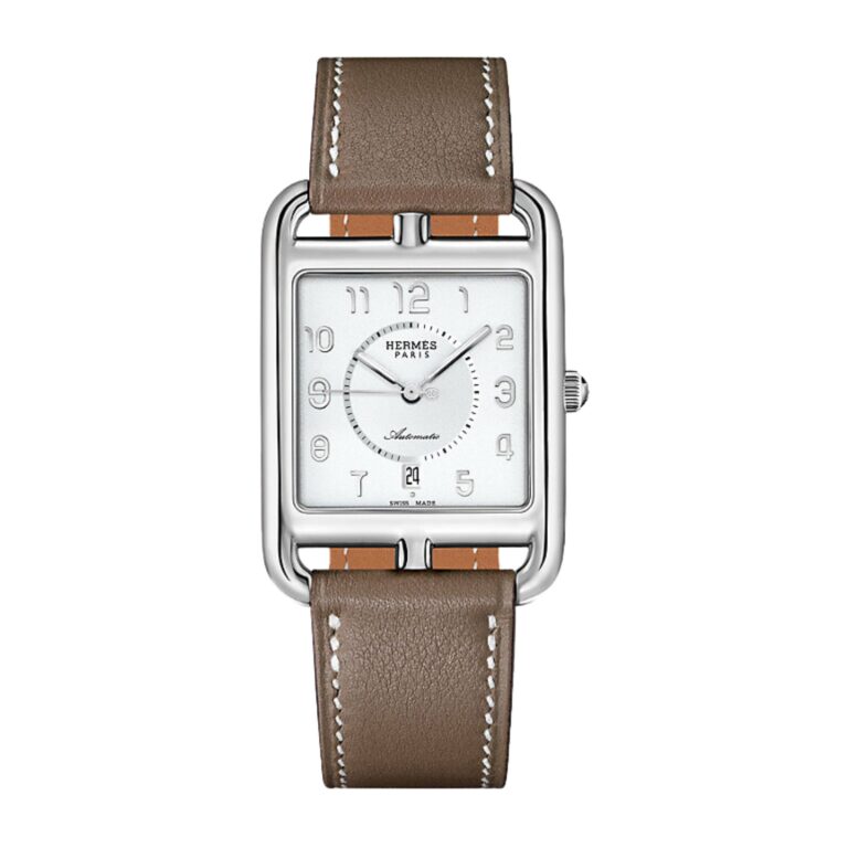 Montre Hermès Cape Cod Grand Modèle automatique à cadran blanc et bracelet cuir taupe, 37 mm